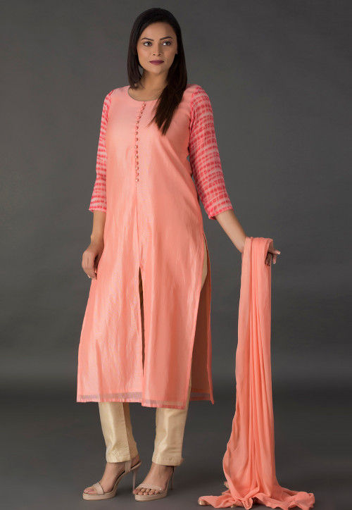 Tie Dyed Sleeve Chanderi Silk Pakistani Suit in Peach : KJN3165