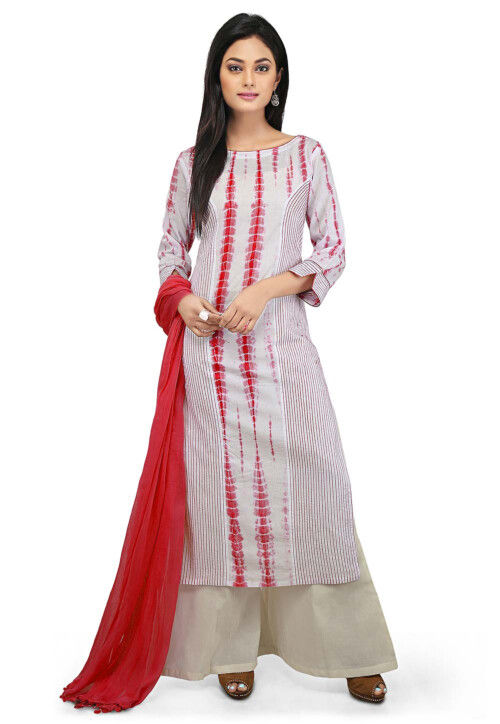 Tie N Dye Cotton Pakistani Suit in White and Red