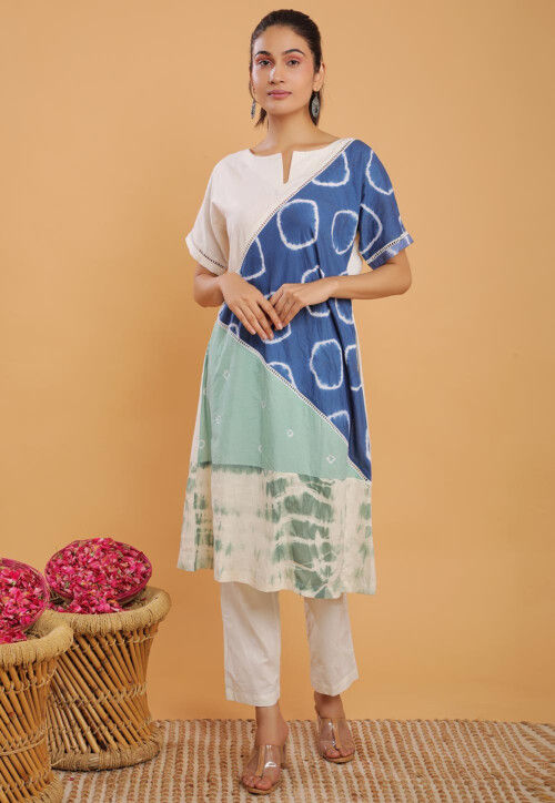 Tie N Dye Cotton Straight Kurta Set in Off White and Blue