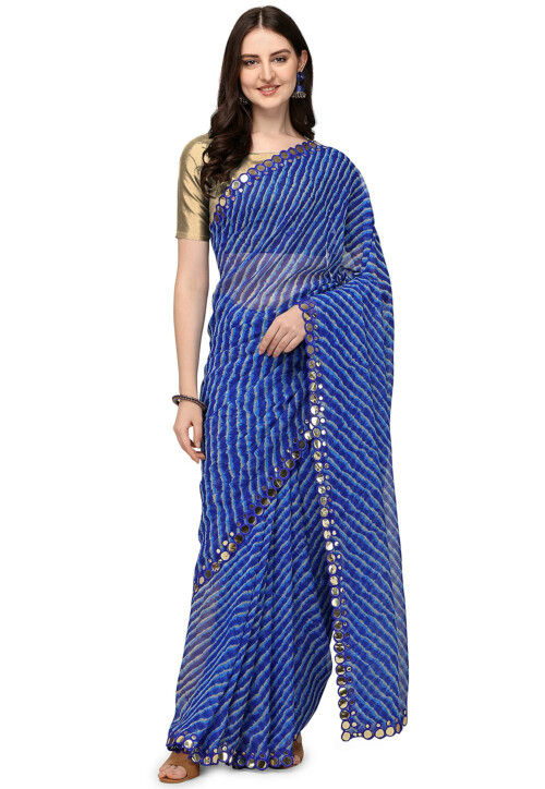 Tie N Dye Printed Chiffon Saree in Royal Blue