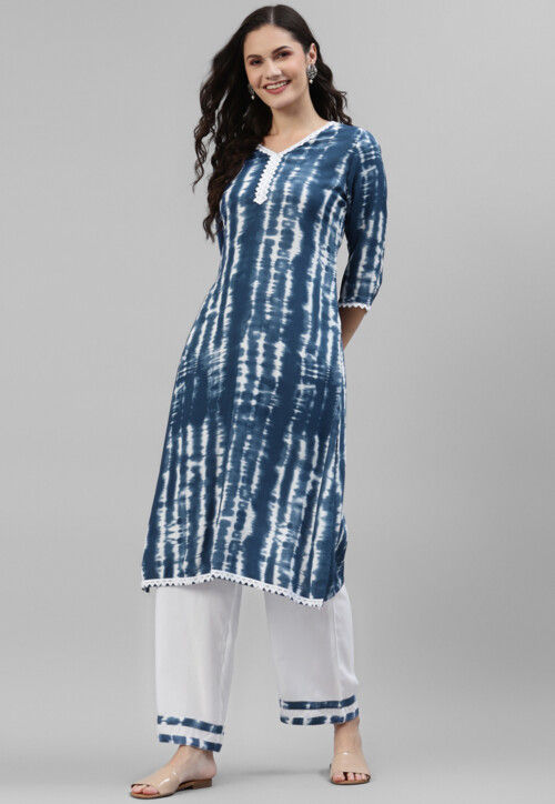 Shibori Green & Blue Tie & Dye Rayon Cotton Kurti - | 1249 | Saree jacket  designs, Kurti designs, Tie dye dress