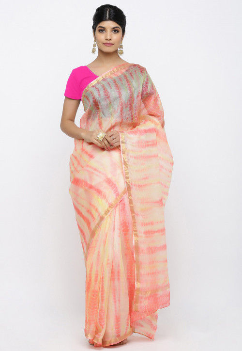 Tie N Dye Pure Kota Silk Saree in Light Peach