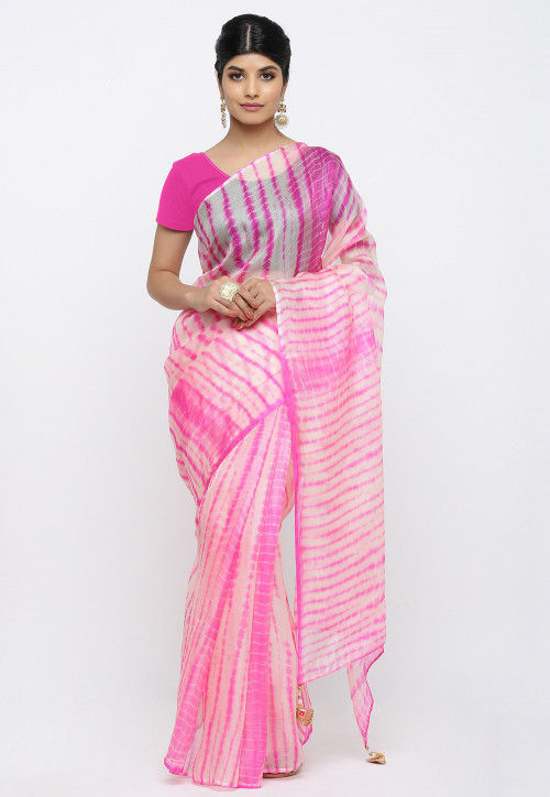 Tie N Dye Pure Kota Silk Saree in Pink and Off White