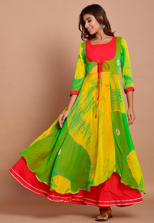 Tie N Dyed Chiffon Layered Maxi Dress in Yellow and Green