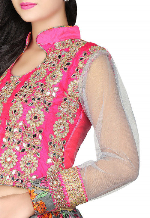 Embroidered Art Dupion Silk and Net Crop Top in Fuchsia