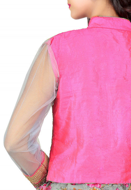 Embroidered Art Dupion Silk and Net Crop Top in Fuchsia