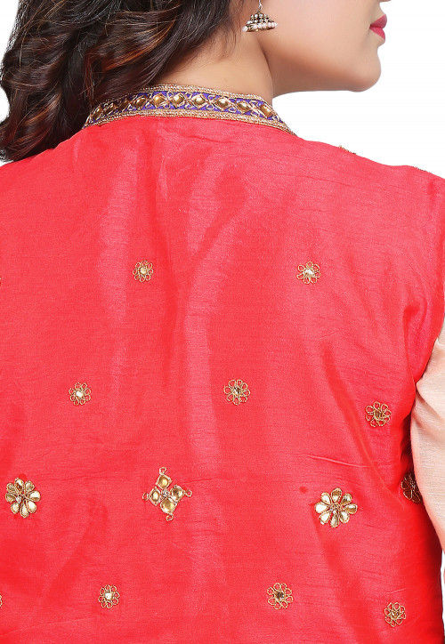 Gota Patti Embroidered Dupion Silk Jacket in Coral Red