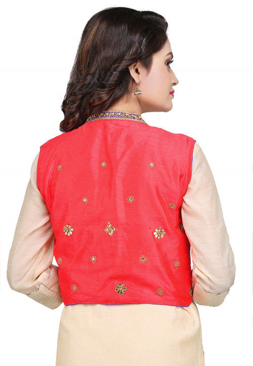 Gota Patti Embroidered Dupion Silk Jacket in Coral Red