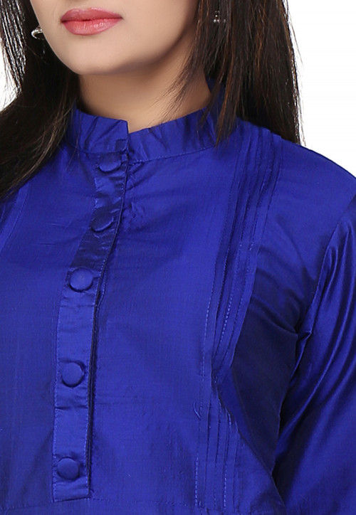 Plain Cotton Silk Long Kurta in Royal Blue