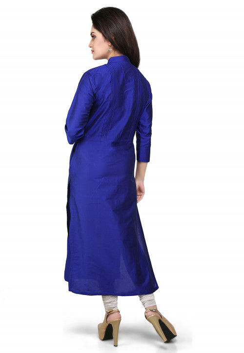 Plain Cotton Silk Long Kurta in Royal Blue