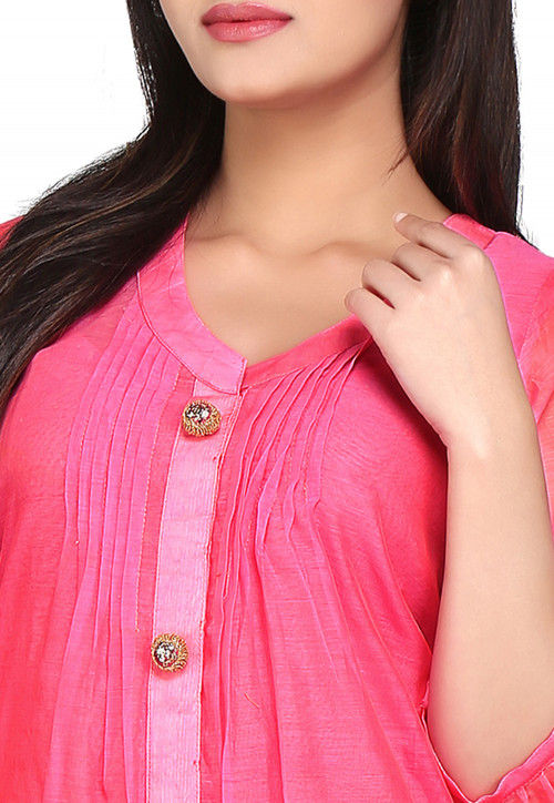 Plain Cotton Chanderi Long Kurta in Pink
