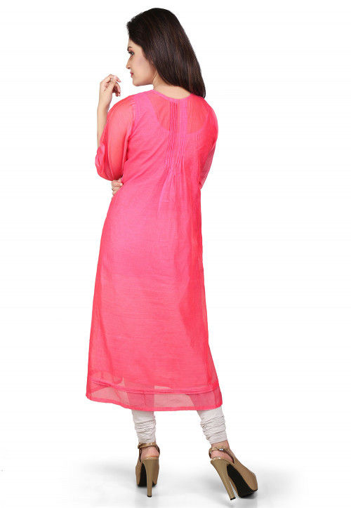 Plain Cotton Chanderi Long Kurta in Pink