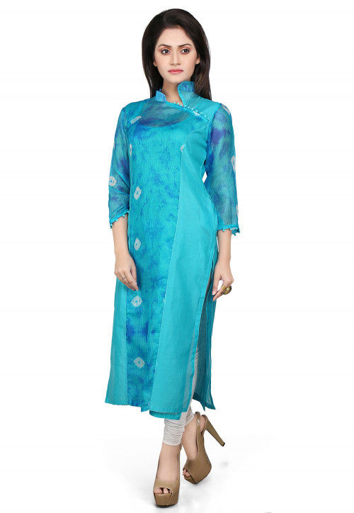 Pure Kota Silk and Cotton Chanderi Long Kurta in Blue