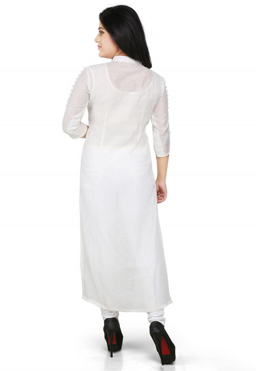 Plain Cotton Chanderi Long Kurta in White