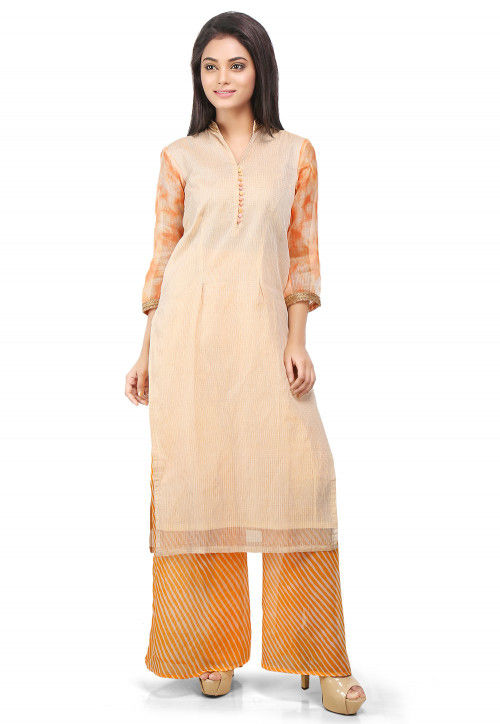 Plain Pure Kota Silk Kurta Set in Light Beige
