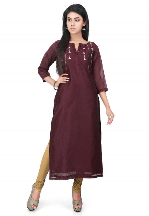 Embroidered Chanderi Cotton Long Kurta in Wine
