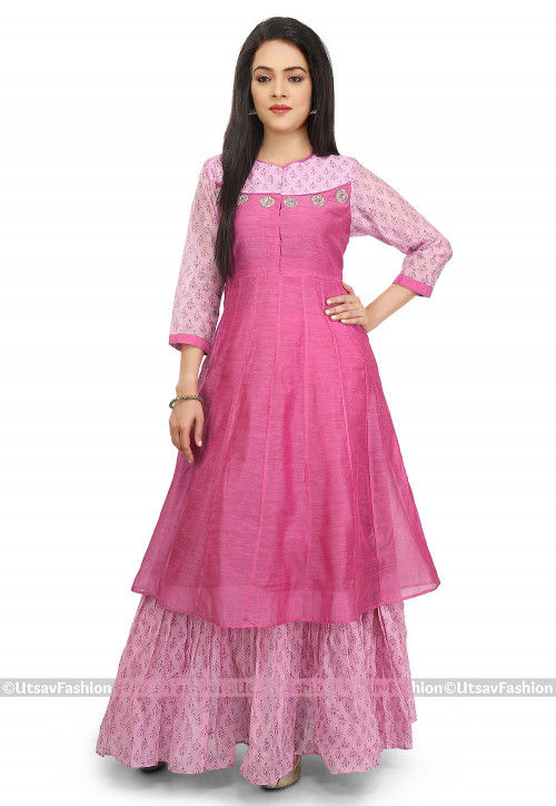 Block Printed Chanderi Cotton Long Layered Kurta in Pink