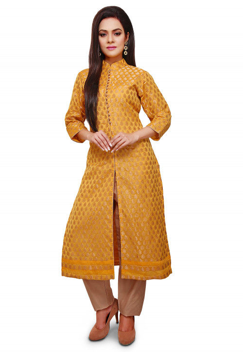 Woven Chanderi Silk Front Slit Long Kurta in Yellow