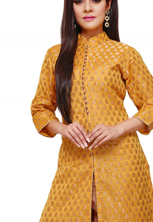 Woven Chanderi Silk Front Slit Long Kurta in Yellow