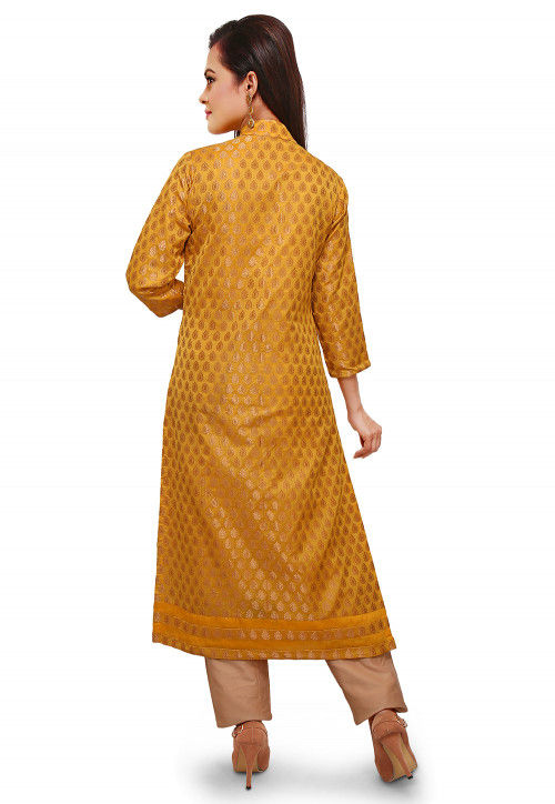 Woven Chanderi Silk Front Slit Long Kurta in Yellow