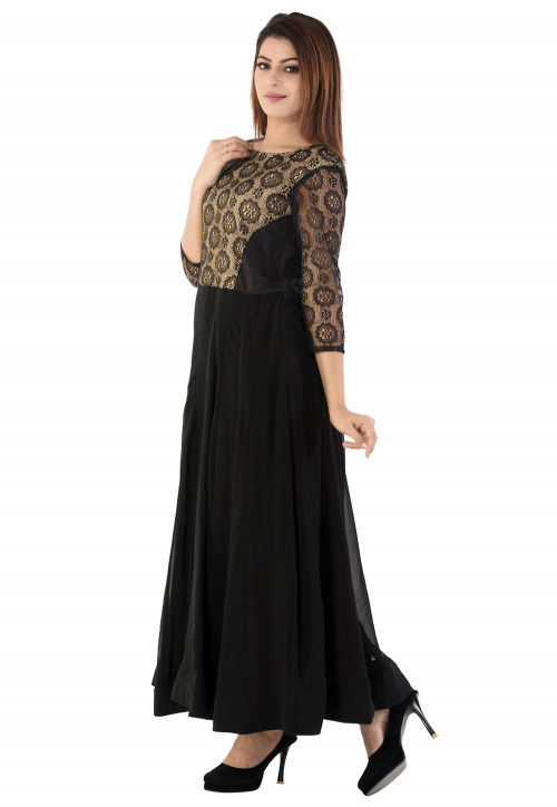 Woven Yoke Georgette Anarkali Gown in Black : TJW622