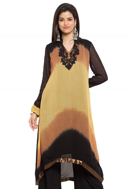 Embroidered Georgette Asymmetric Long Kurta in Multicolor