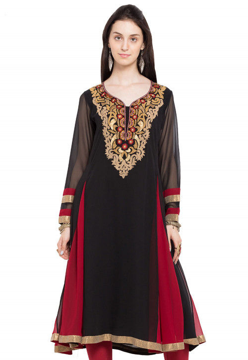 Embroidered Georgette Long Kurta in Black and Red