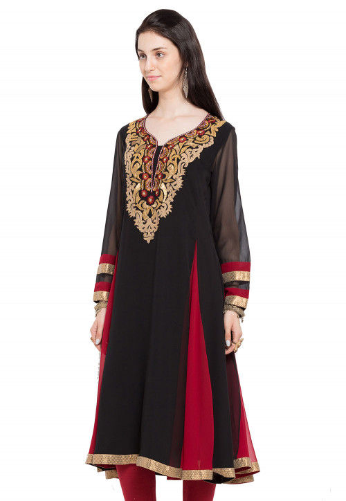 Buy Embroidered Georgette Long Kurta in Black and Red Online : TNC884 ...