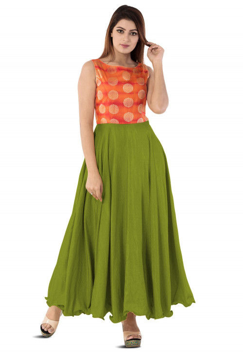 Buy Woven Yoke Art Silk Circular Gown in Green Online : TUC13 - Utsav ...
