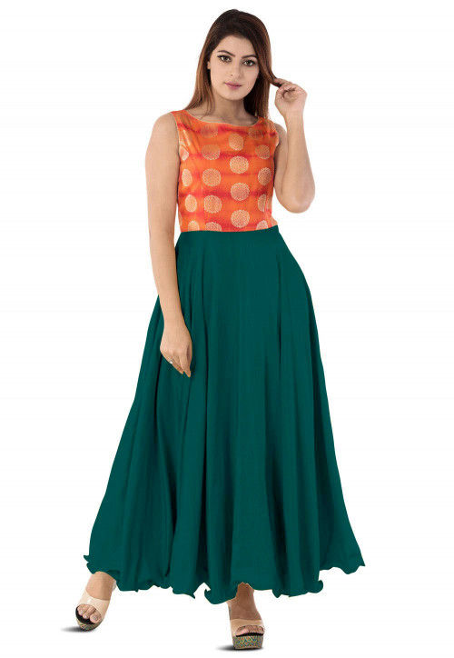 Woven Yoke Art Silk Circular Gown in Dark Teal Green