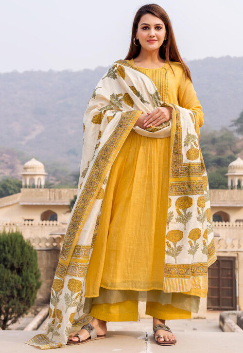 Buy Tucked Kota Doria Pakistani Suit in Mustard Online KMQS147 Utsav Fashion