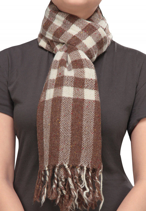 Checkered Woolen Blend Stole in Brown and White