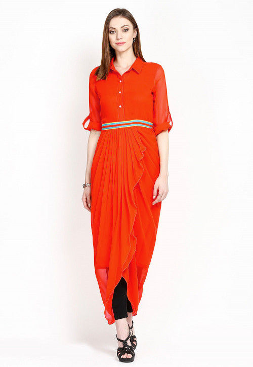 Plain Georgette Dhoti Style Tunic in Orange