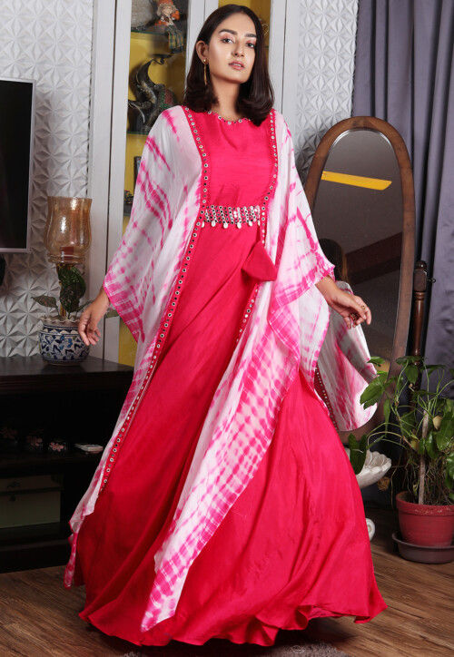 Tye Dye Printed Modal Silk Jacket Style Gown in Fuchsia