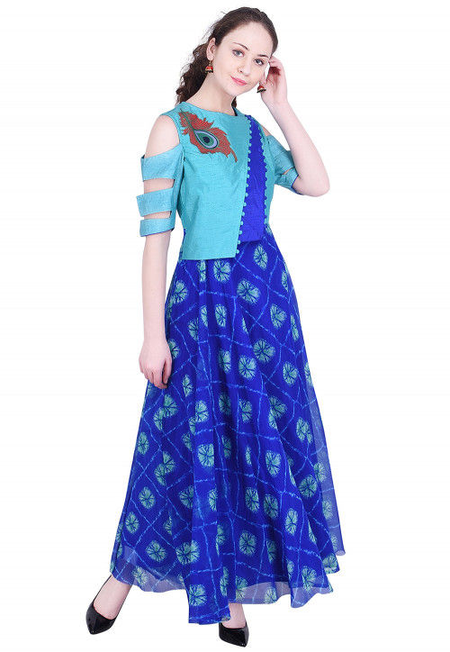Tie N Dye Printed Georgette Abaya Style Kurta in Blue