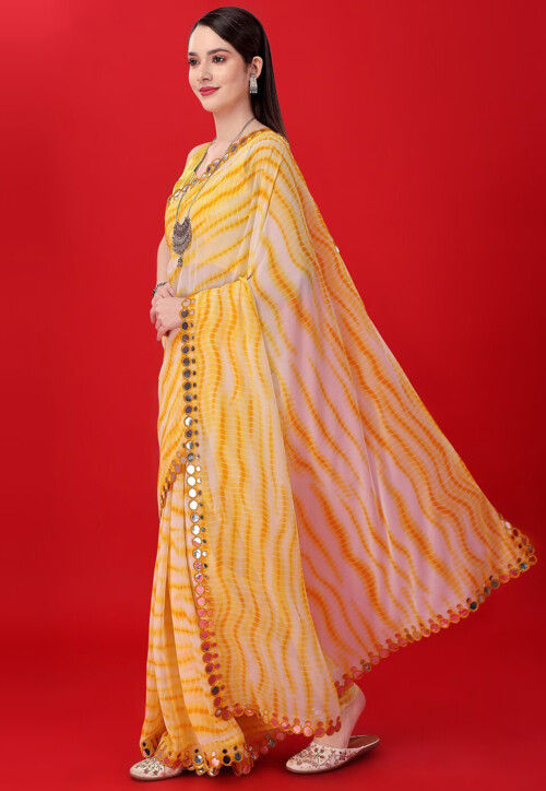 Tye N Dye Printed Georgette Saree in Yellow