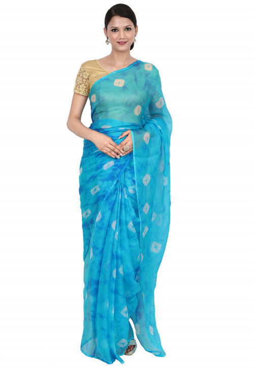 Tie N Dye Pure Kota Silk Saree in Shaded Blue