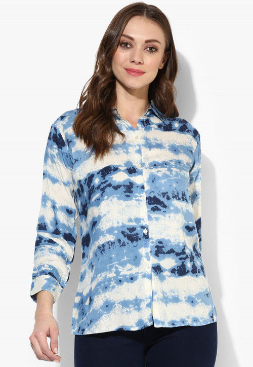 Tye N Dye Viscose Rayon Top in Blue and White