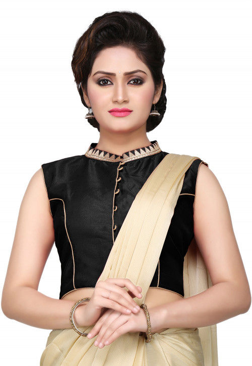 Embroidered Dupion Silk Blouse in Black