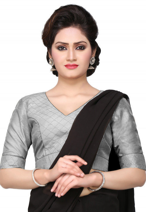 Embroidered Art Dupion Silk Blouse in Grey