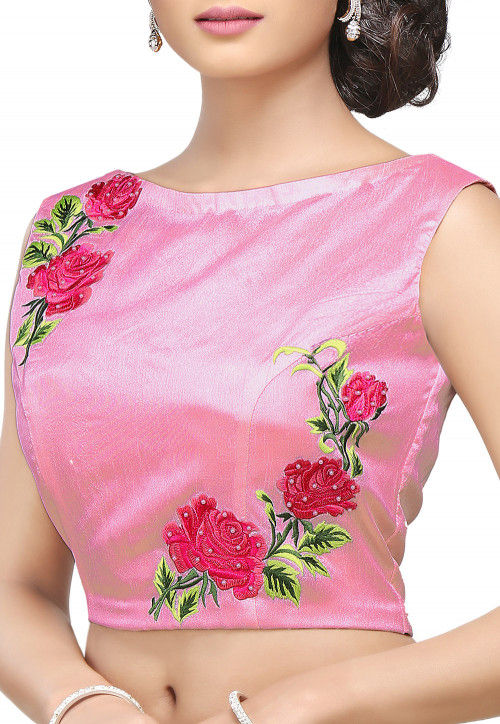 Embroidered Art Silk Blouse in Pink