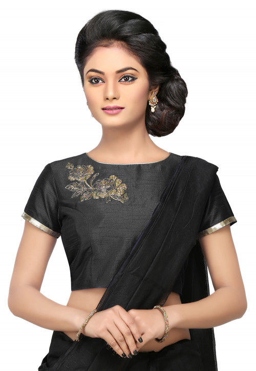 Embroidered Art Silk Blouse in Black
