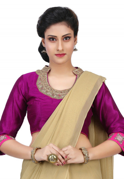 Embroidered Dupion Silk Blouse in Magenta