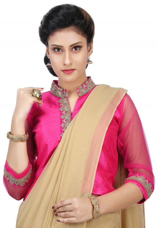 Embroidered Dupion Silk Jacket Style Blouse in Pink