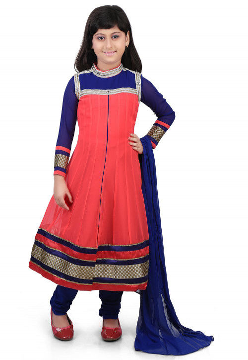 Plain Georgette Anarkali Suit in Coral and Blue