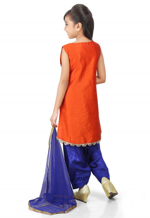 Block Printed Art Dupion Silk Straight Suit in Orange