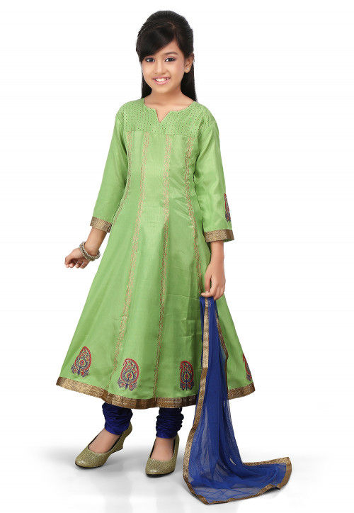 Block Printed Art Silk Anarkali Suit in Green