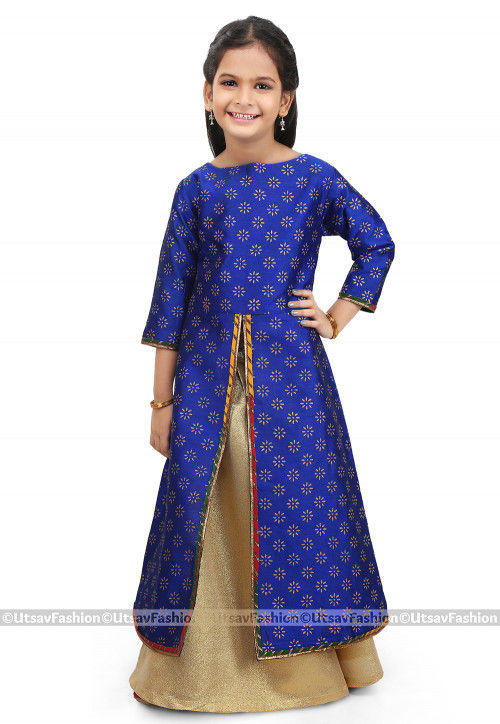 Block Printed Dupion Silk Jacket Style Lehenga in Royal Blue