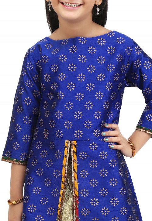 Block Printed Dupion Silk Jacket Style Lehenga in Royal Blue