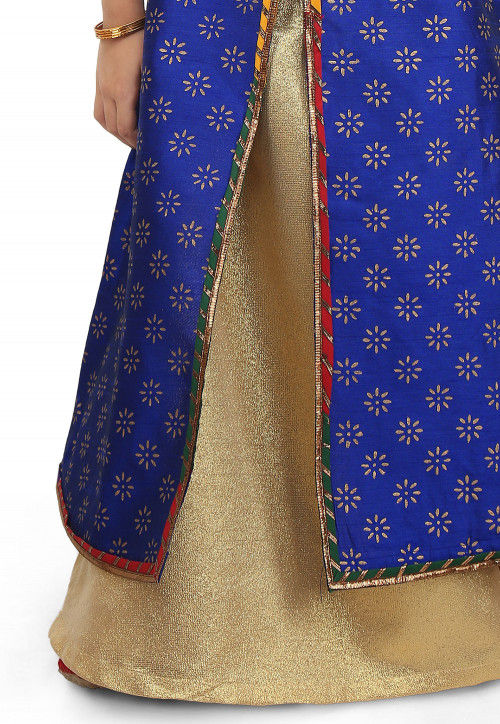 Block Printed Dupion Silk Jacket Style Lehenga in Royal Blue